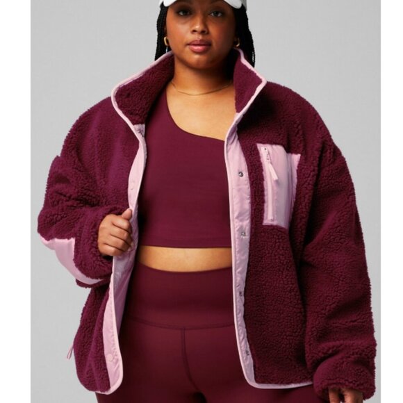 Fabletics Tahoe Teddy Jacket Women's Merlot/Soft Pink Snap Button Fleece 2X - Picture 1 of 8